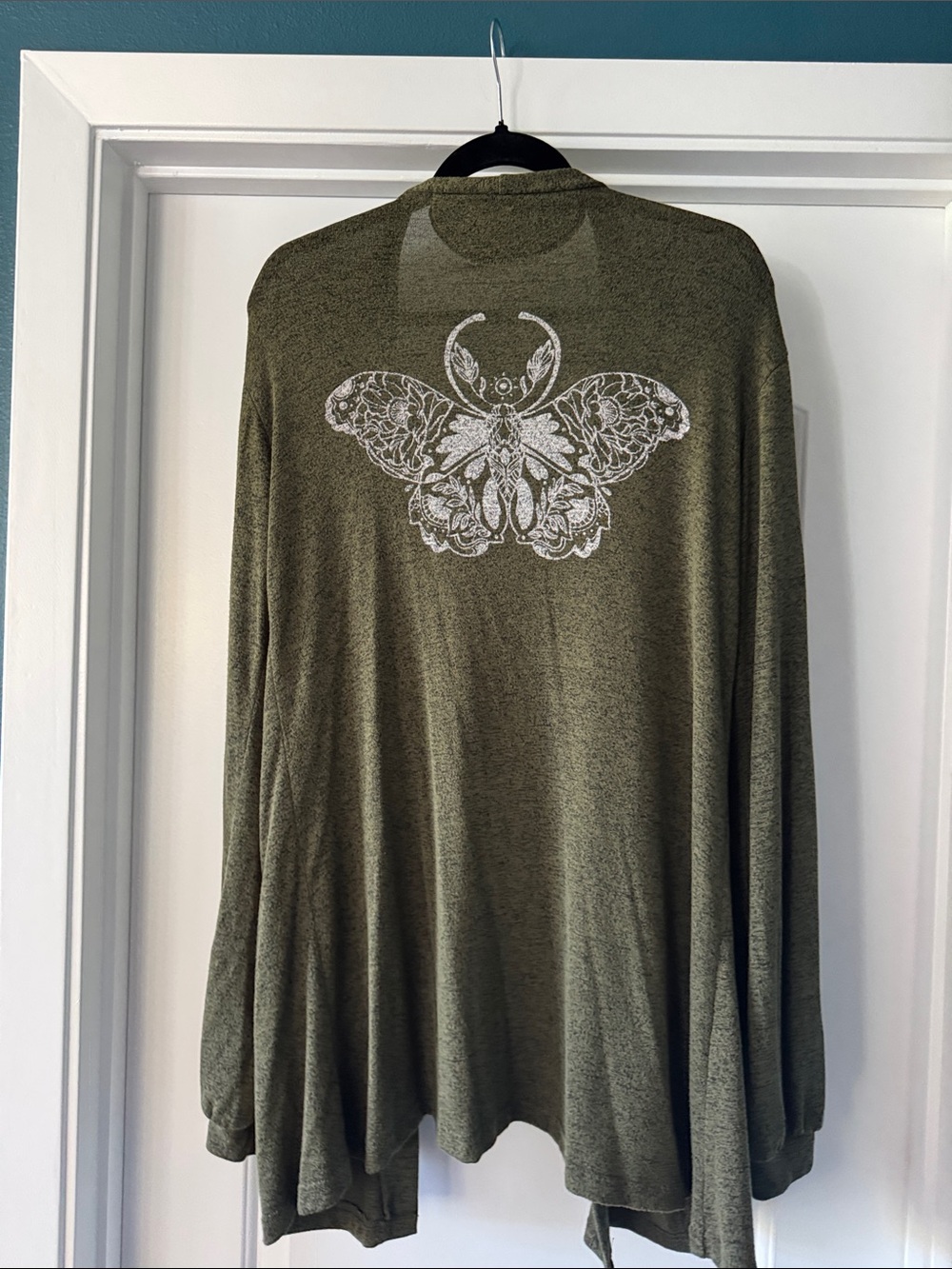 Olive Green Lightweight Cardigan w Moth Crescent Moon Print Medium M / Large L